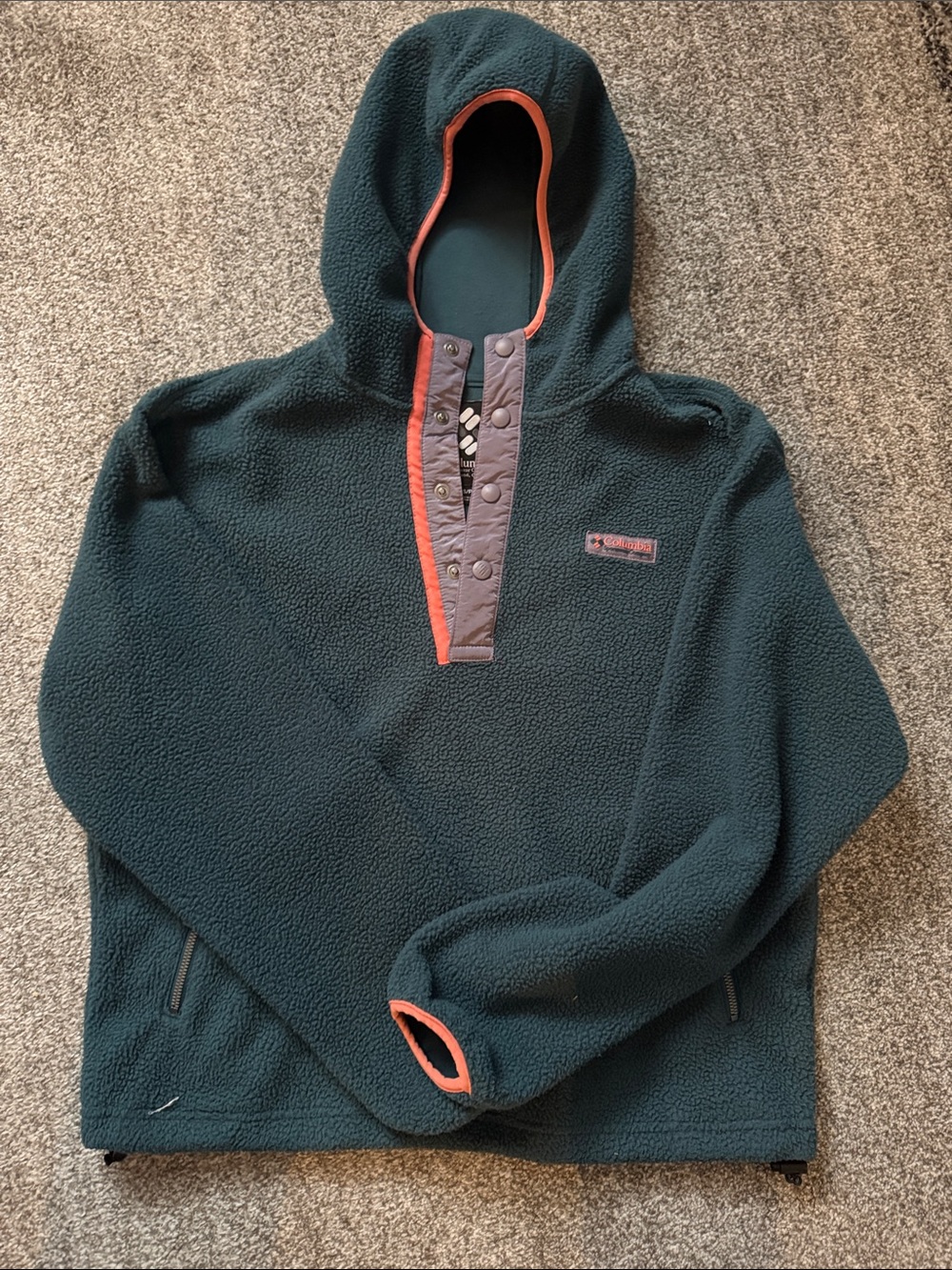 Columbia Ladies Hooded Fleece Pullover Jacket - DarkTeal with Coral Trim